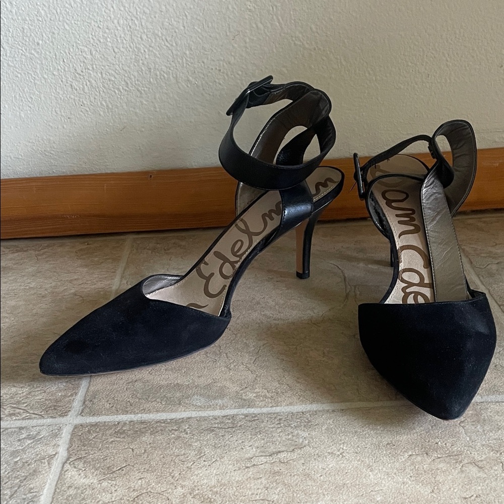 Sam Edelman Black Pointed-Toe Ankle-Strap Heels